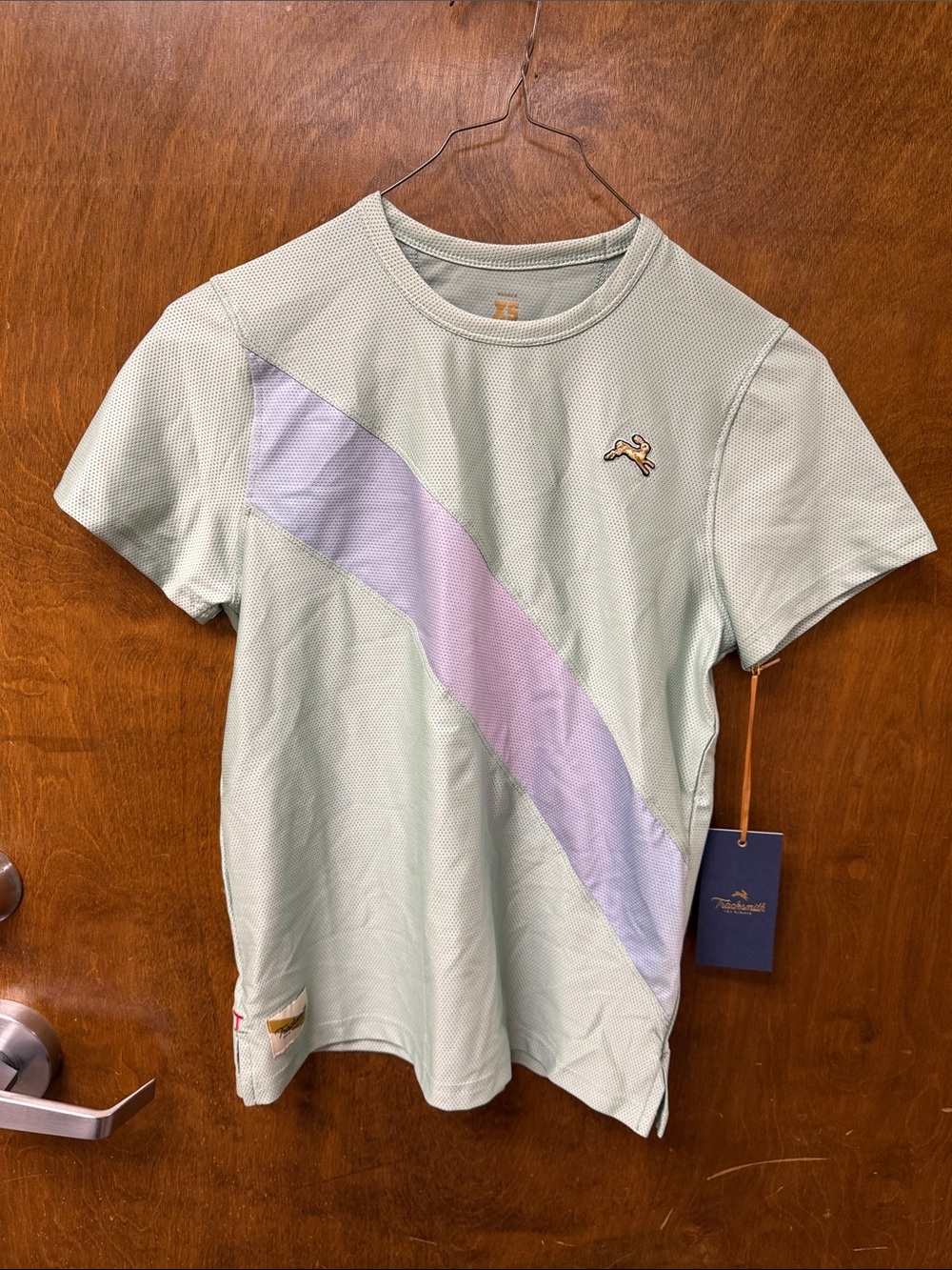 Tracksmith Mint Short Sleeve Tee with Lilac Diagonal Panel